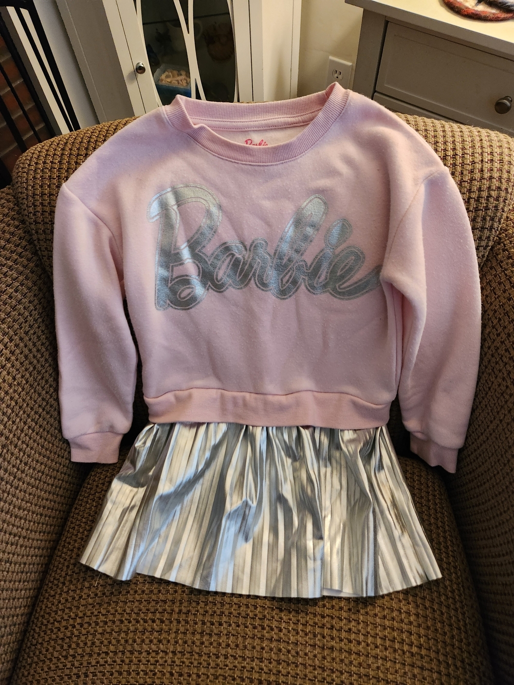 Barbie Pink Pullover Sweatshirt with Silver Pleated Skirt
